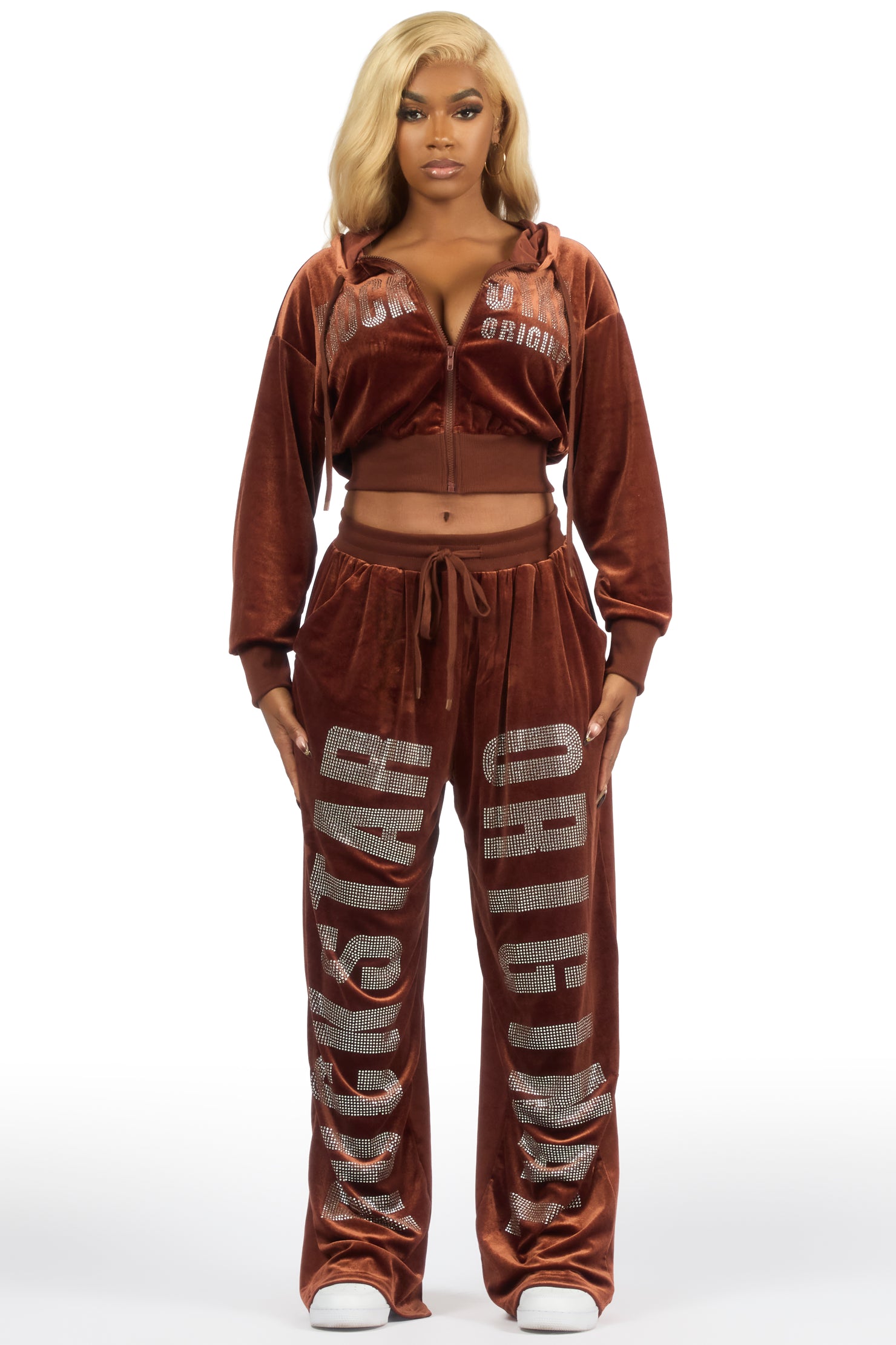 Cadence Brown Rhinestone Velour Baggy Fit Track Set