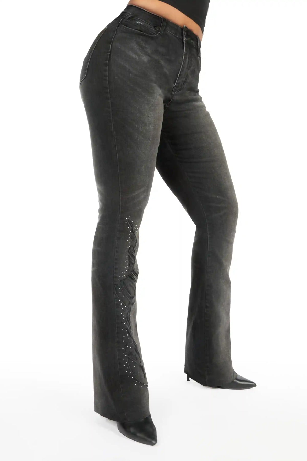 Calisa Black Rhinestone Stacked Flare Jean