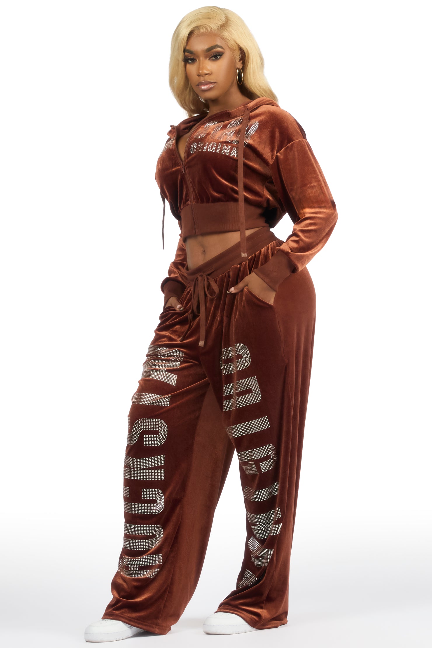Cadence Brown Rhinestone Velour Baggy Fit Track Set