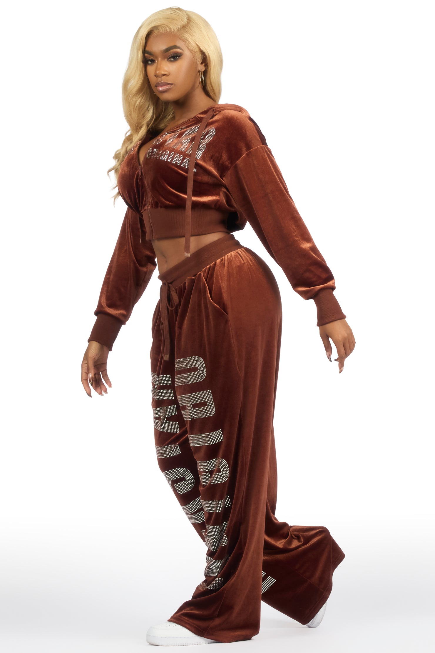 Cadence Brown Rhinestone Velour Baggy Fit Track Set