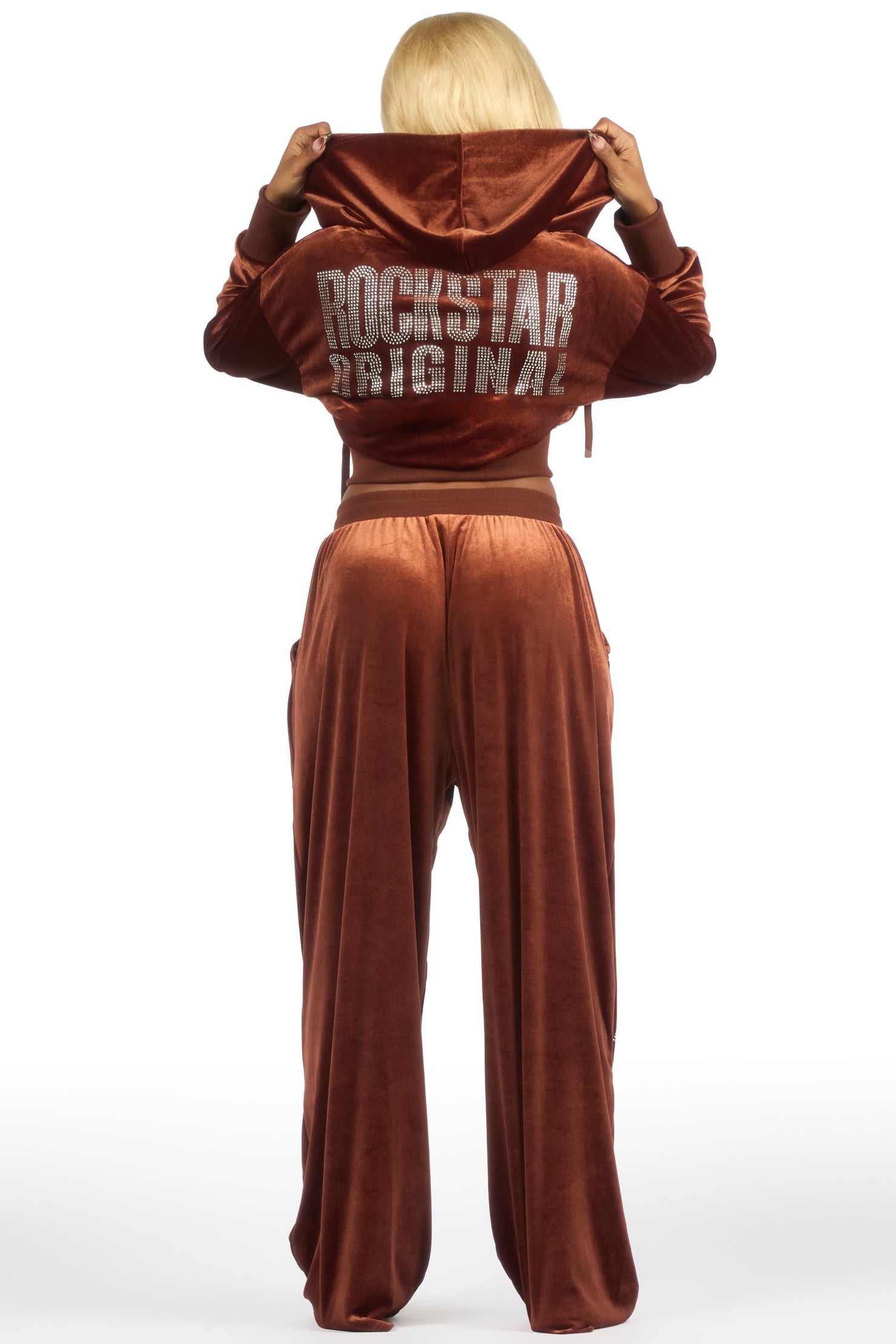 Cadence Brown Rhinestone Velour Baggy Fit Track Set