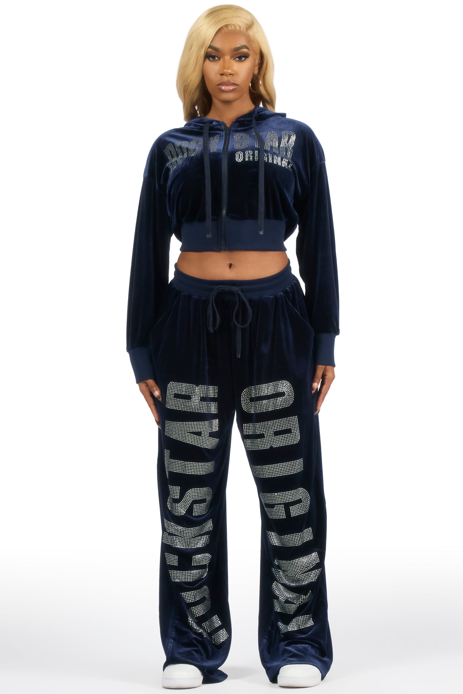 Cadence Navy Rhinestone Velour Baggy Fit Track Set