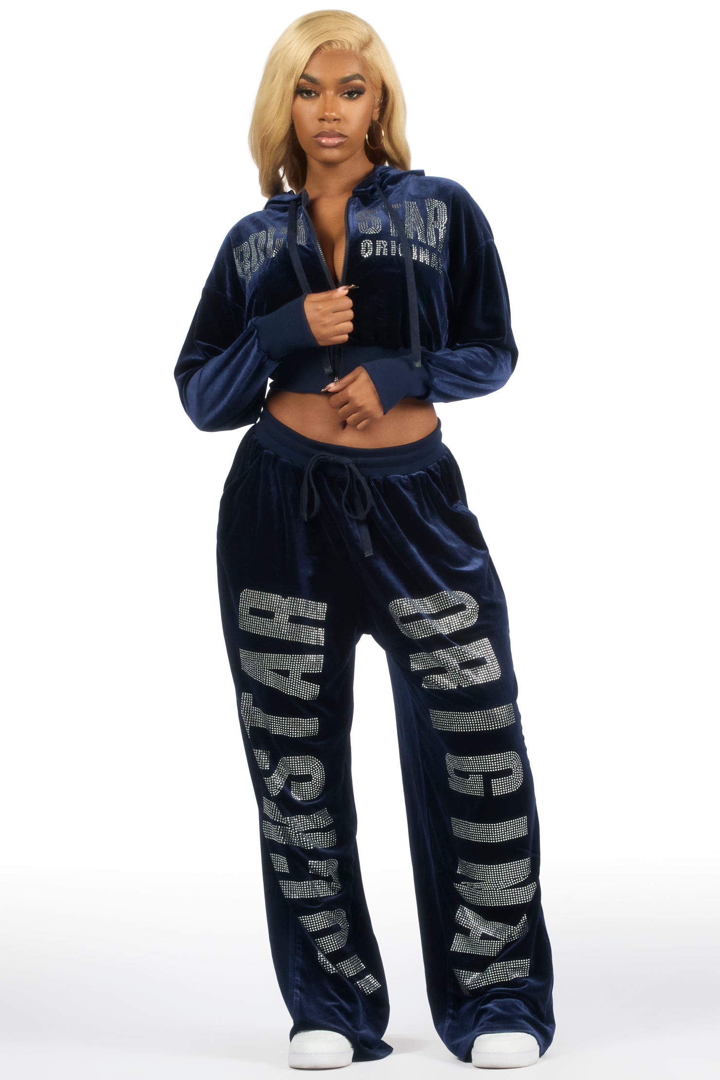 Cadence Navy Rhinestone Velour Baggy Fit Track Set