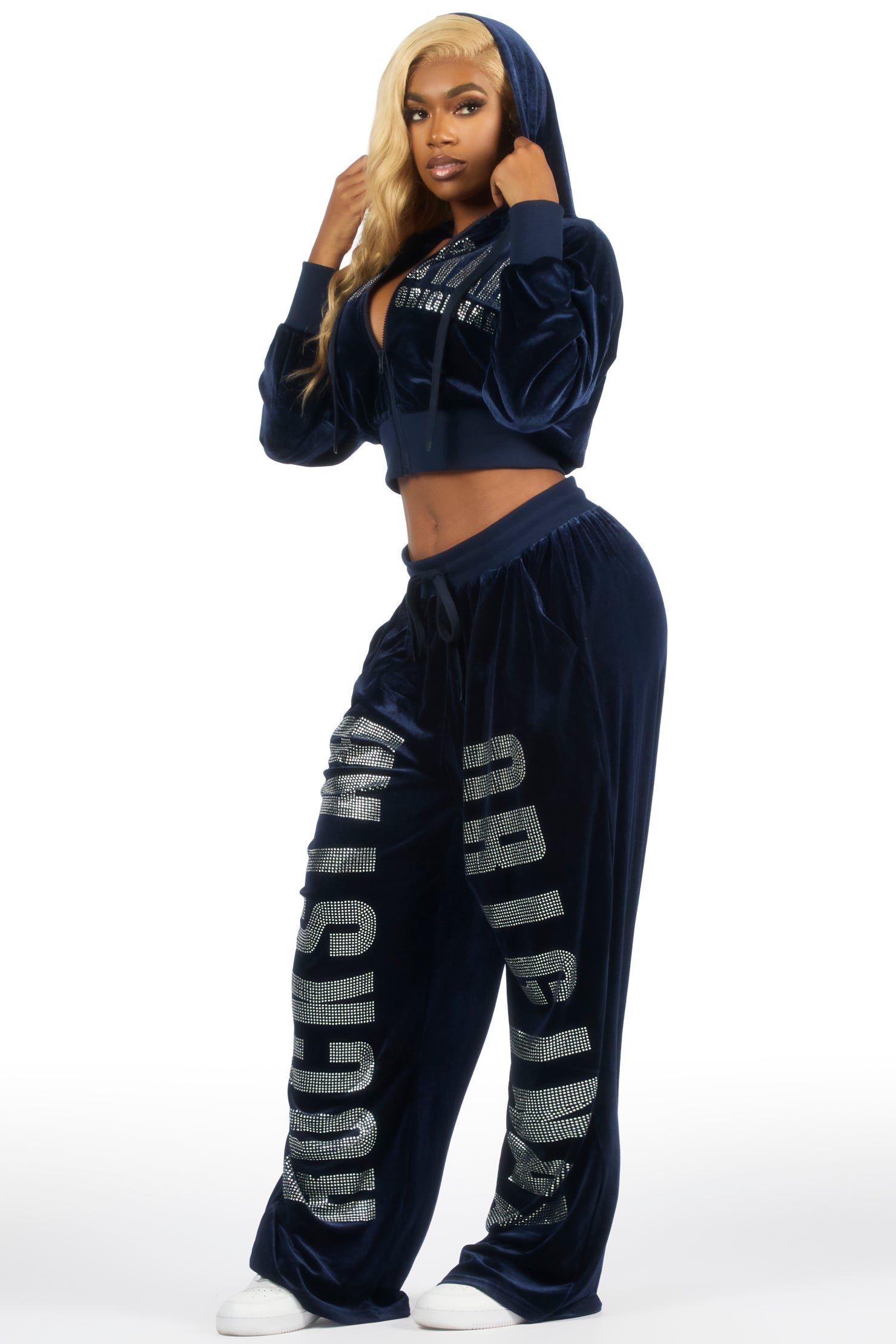 Cadence Navy Rhinestone Velour Baggy Fit Track Set