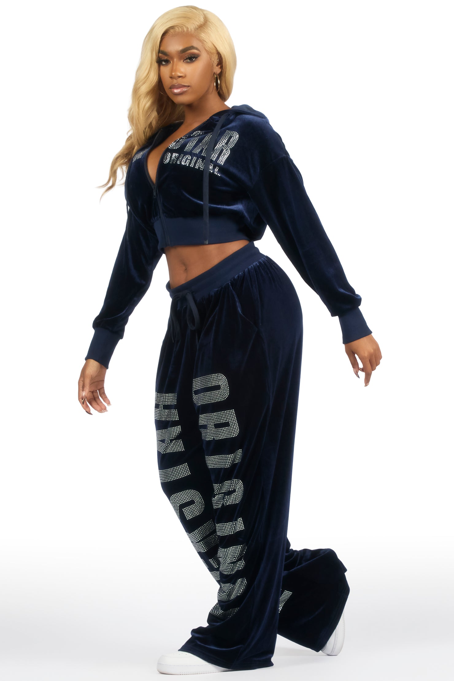 Cadence Navy Rhinestone Velour Baggy Fit Track Set