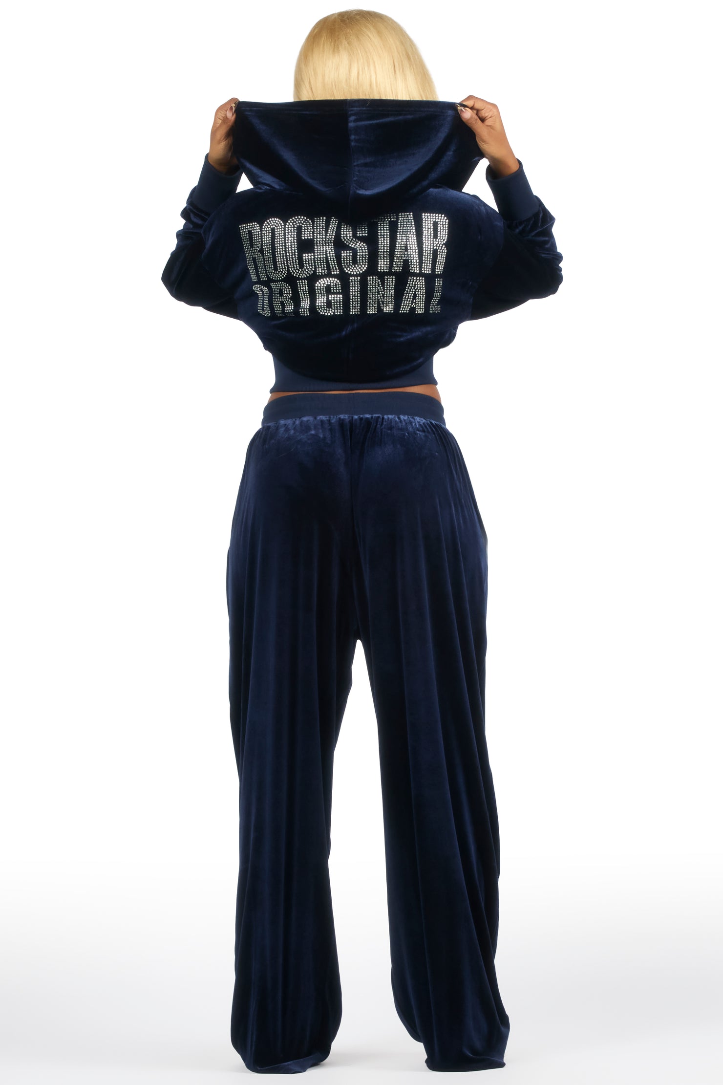 Cadence Navy Rhinestone Velour Baggy Fit Track Set