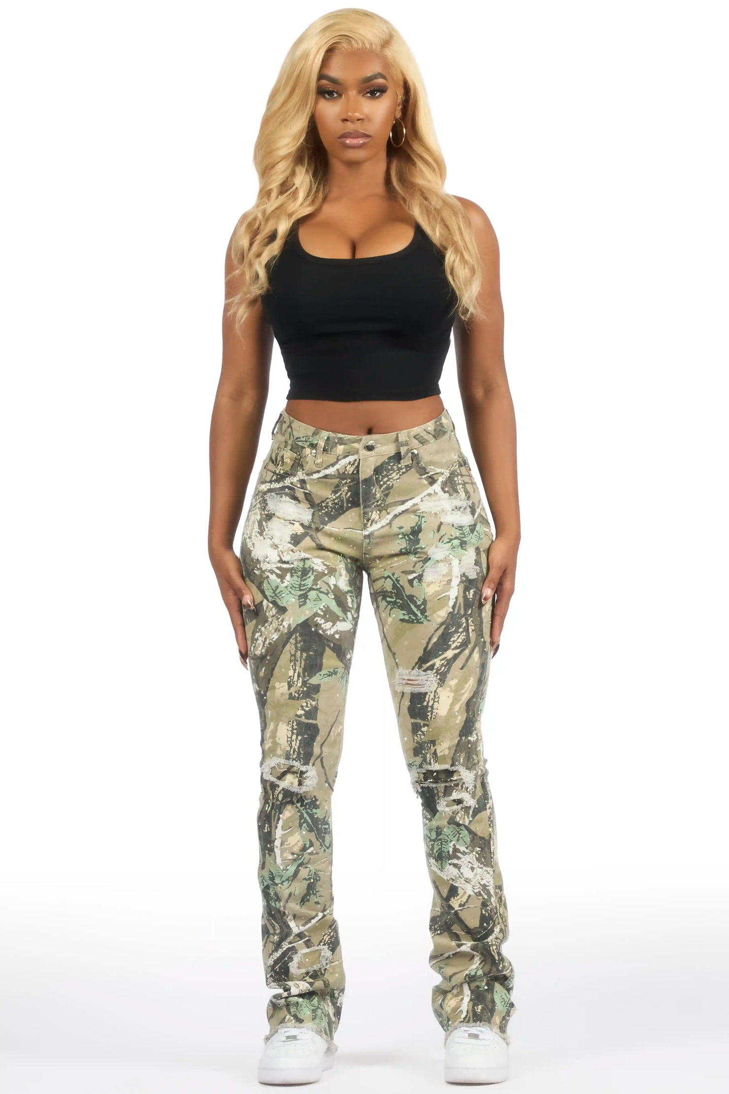 Kelle Tree Camo Rhinestone Stacked Jean