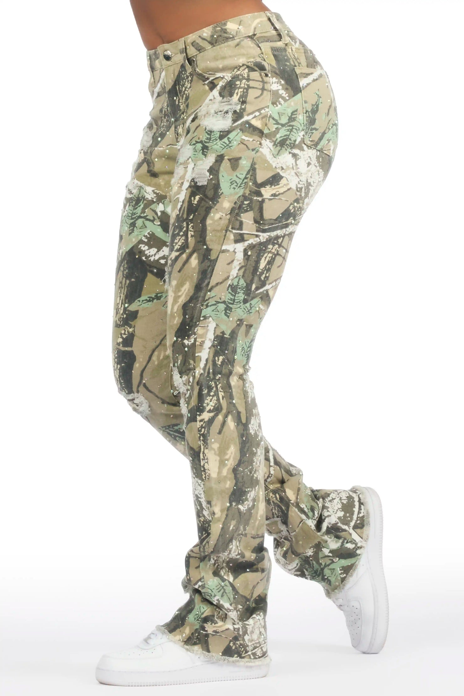 Kelle Tree Camo Rhinestone Stacked Jean