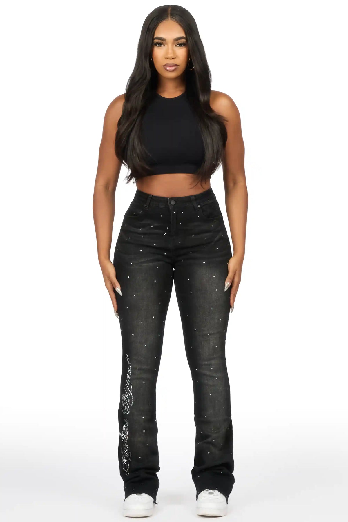 Chanteal Black Rhinestone Stacked Flare Jean
