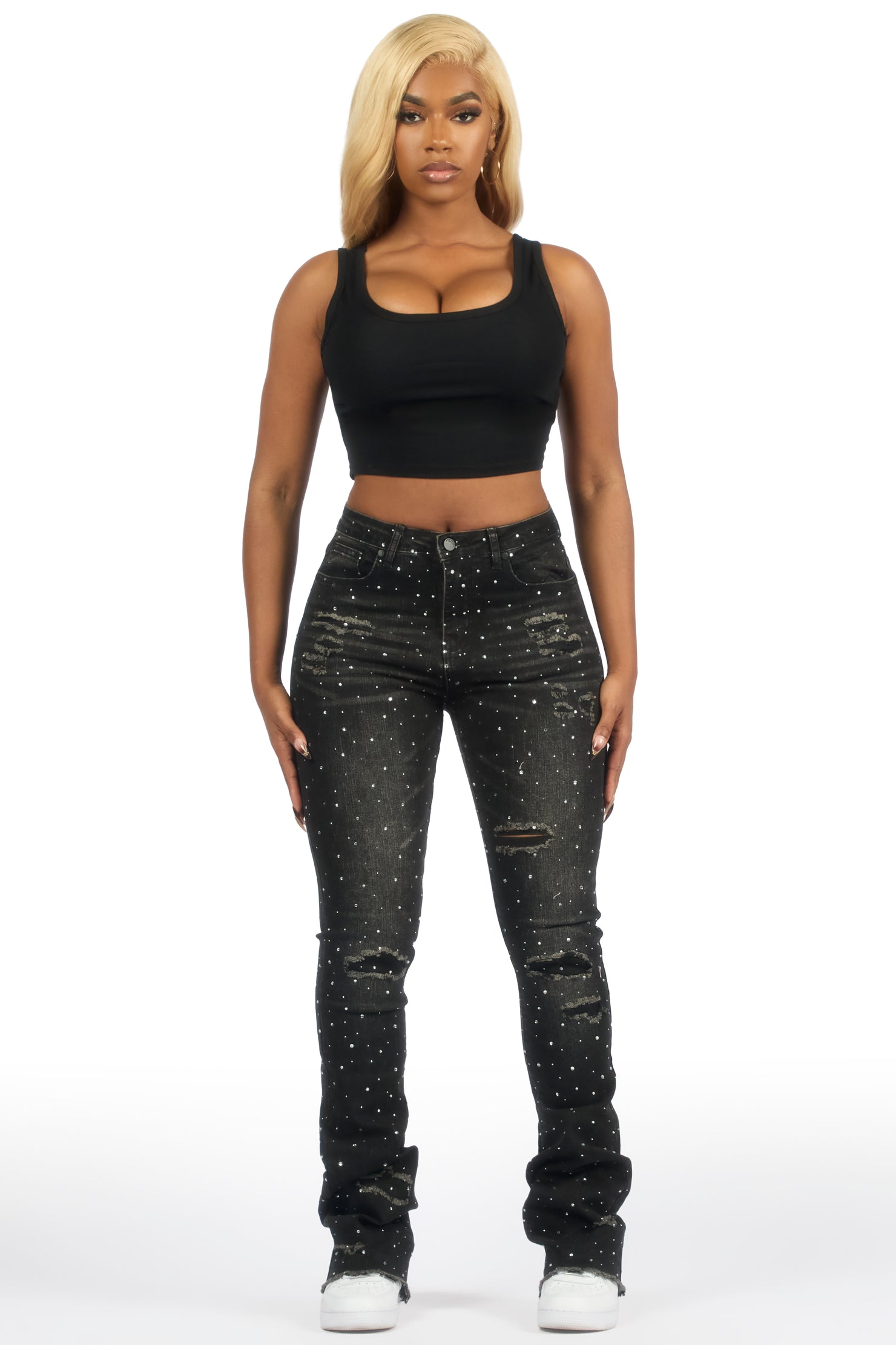 Kelle Black Rhinestone Stacked Jean