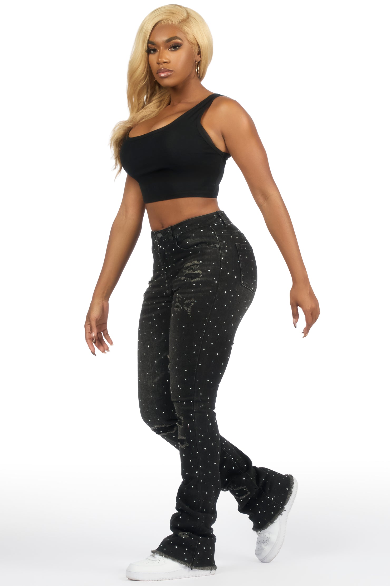 Kelle Black Rhinestone Stacked Jean