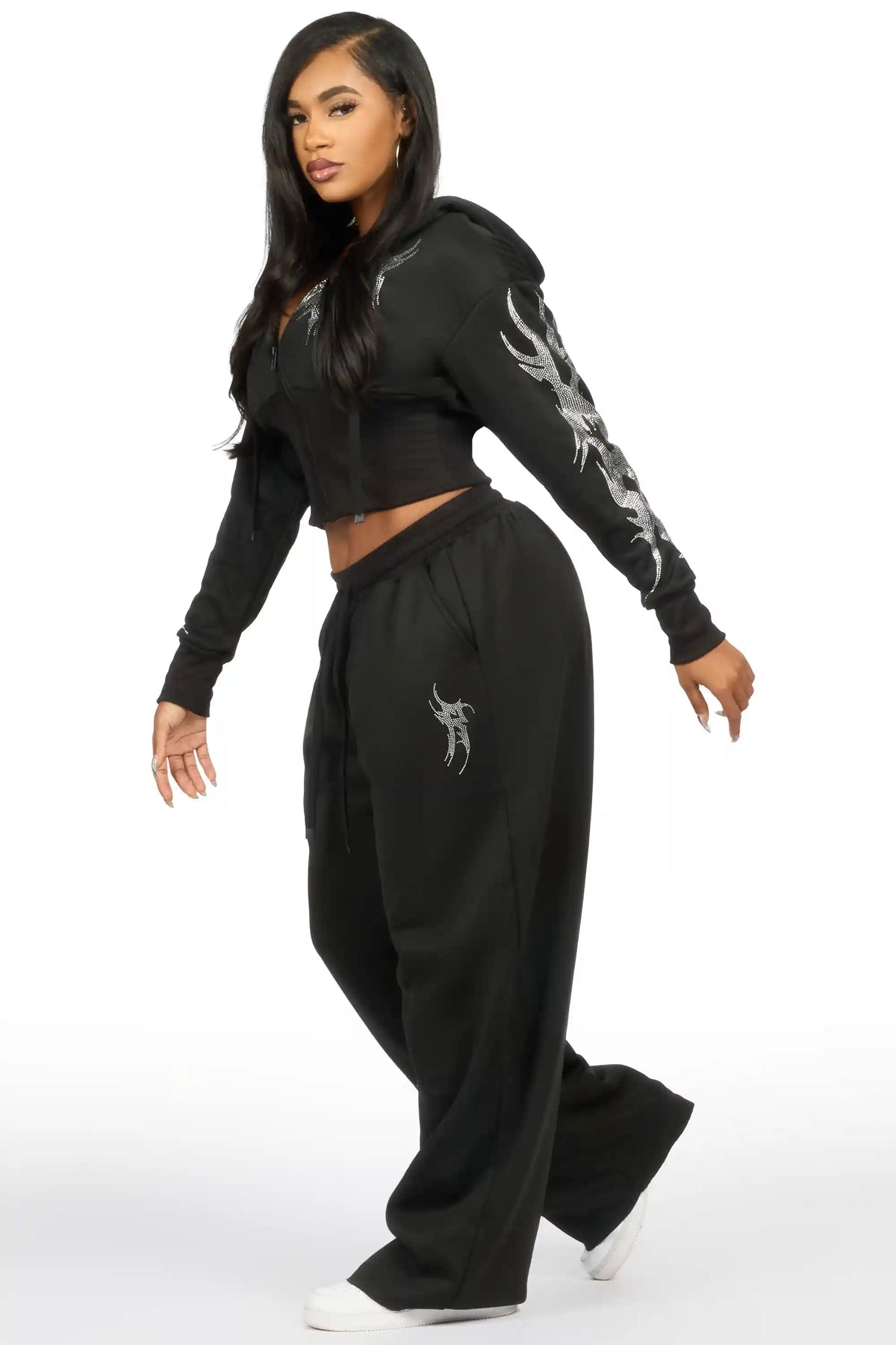 Kahleigh Black Rhinestone Baggy Track Set