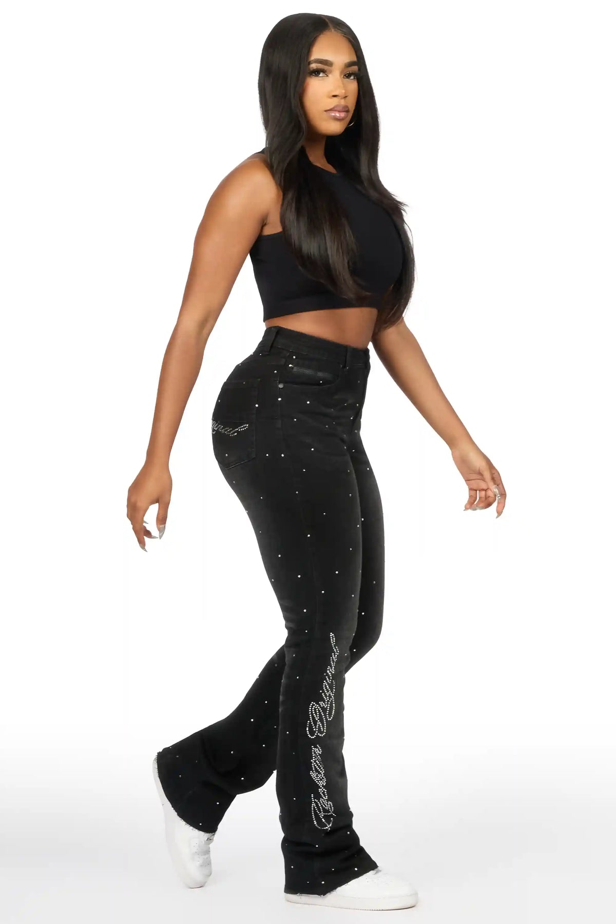 Chanteal Black Rhinestone Stacked Flare Jean