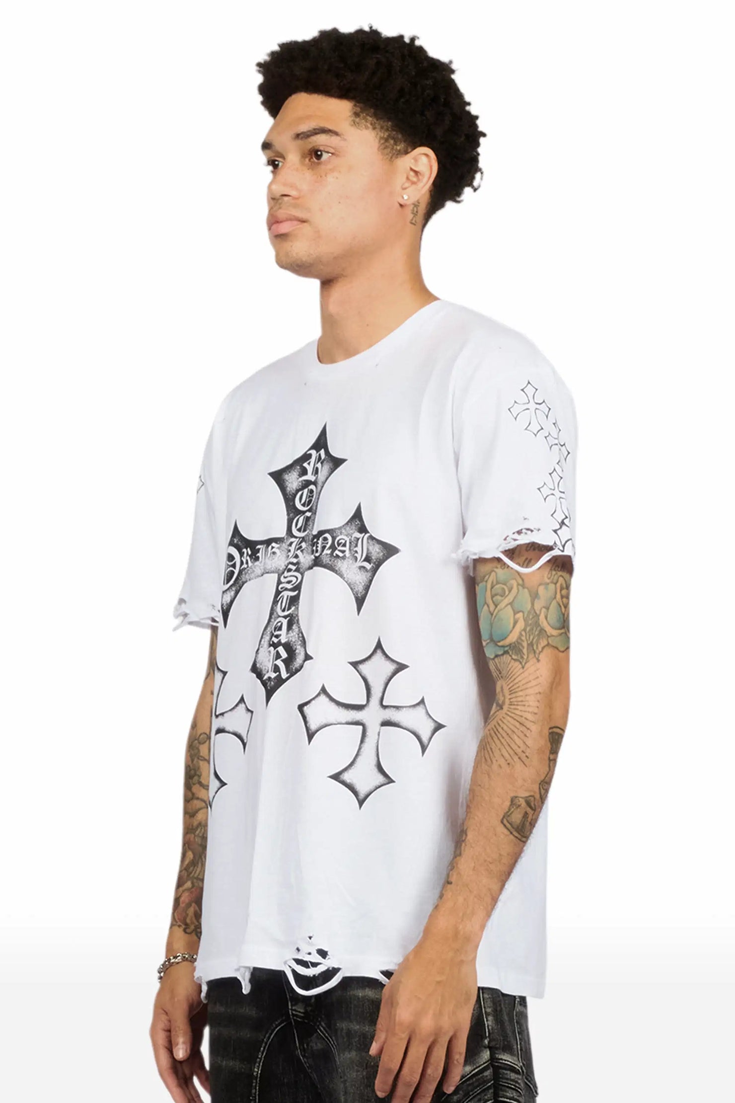 Marizon White/Black Oversized Distressed Graphic T-Shirt