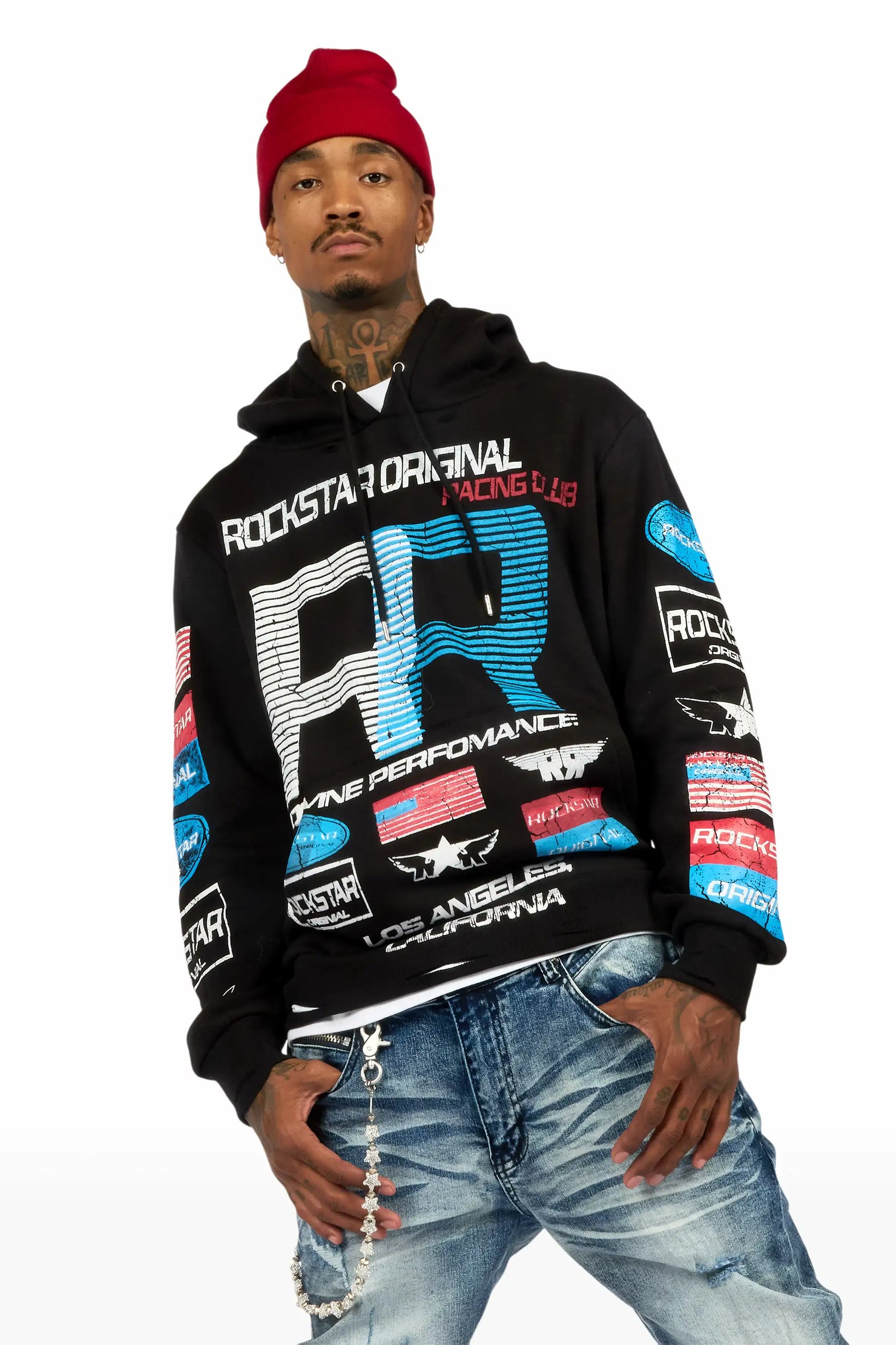Rso Racing Club Black Distressed Graphic Relaxed Hoodie