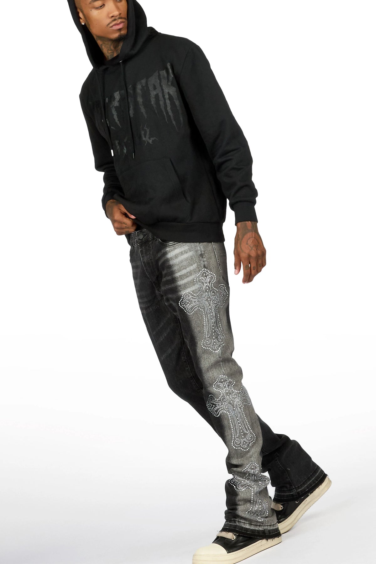 Reggie Dark Grey Rhinestone Stacked Flare Jean