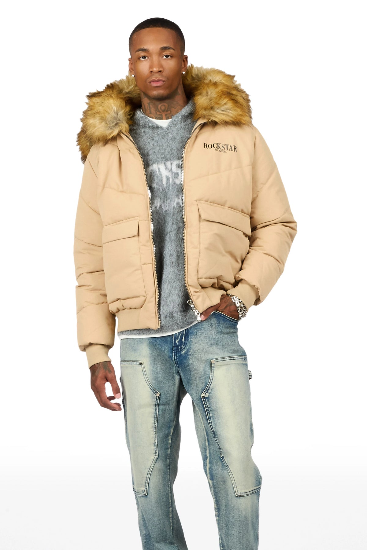 Langston Beige Puffer Jacket with Fur Hood