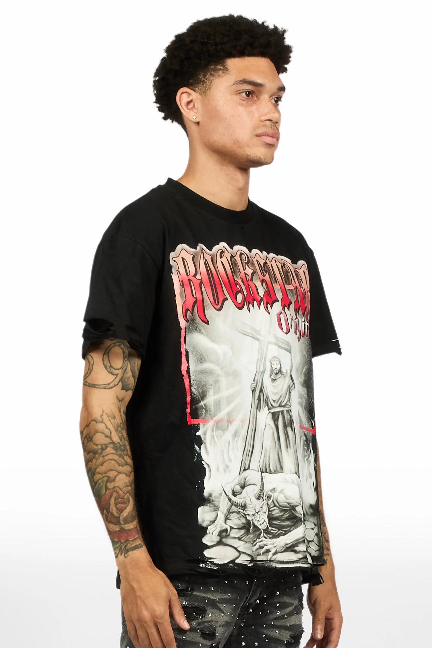Renzo Black Oversized Graphic T-Shirt
