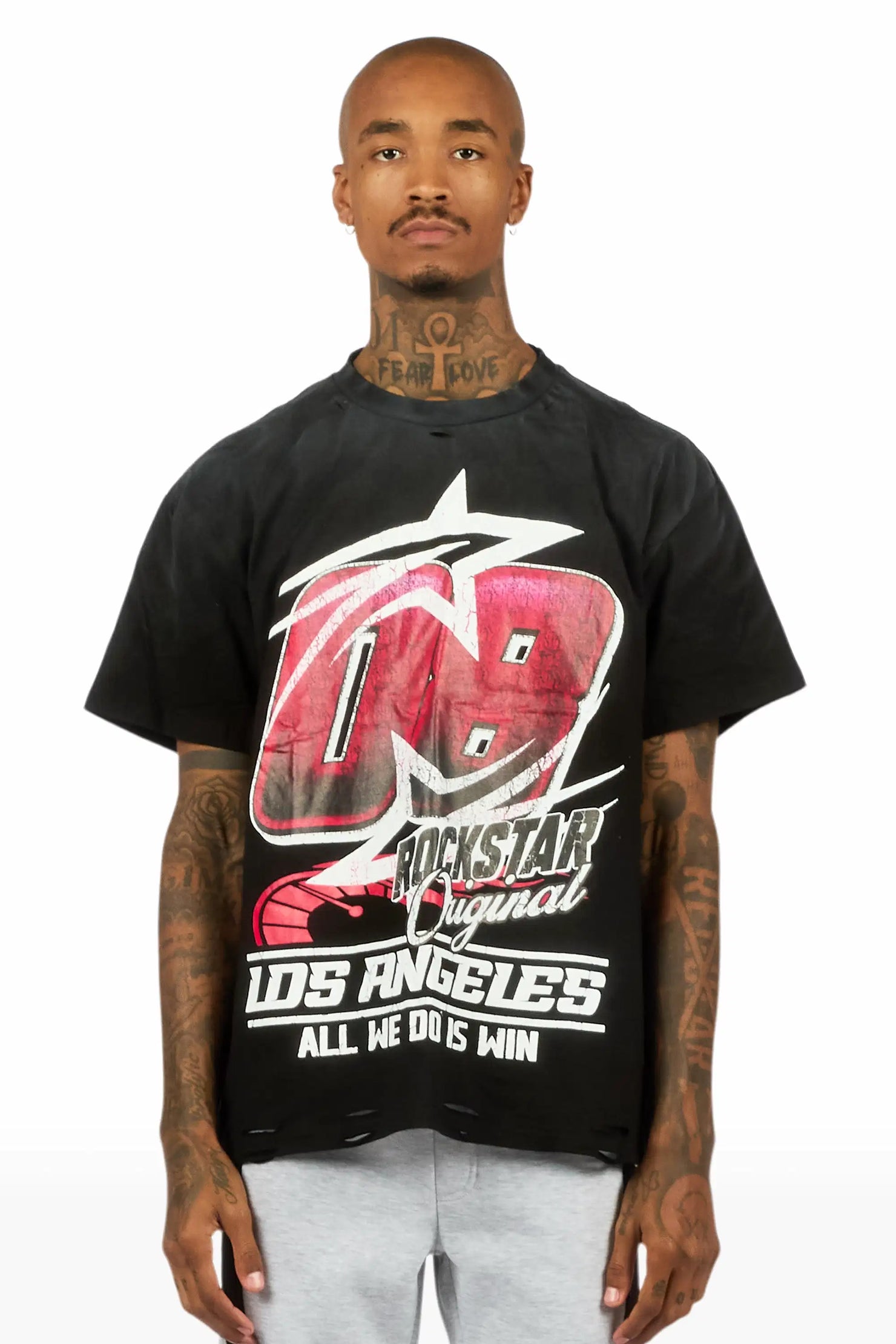 Kastell Black Oversized Distressed Graphic T-Shirt