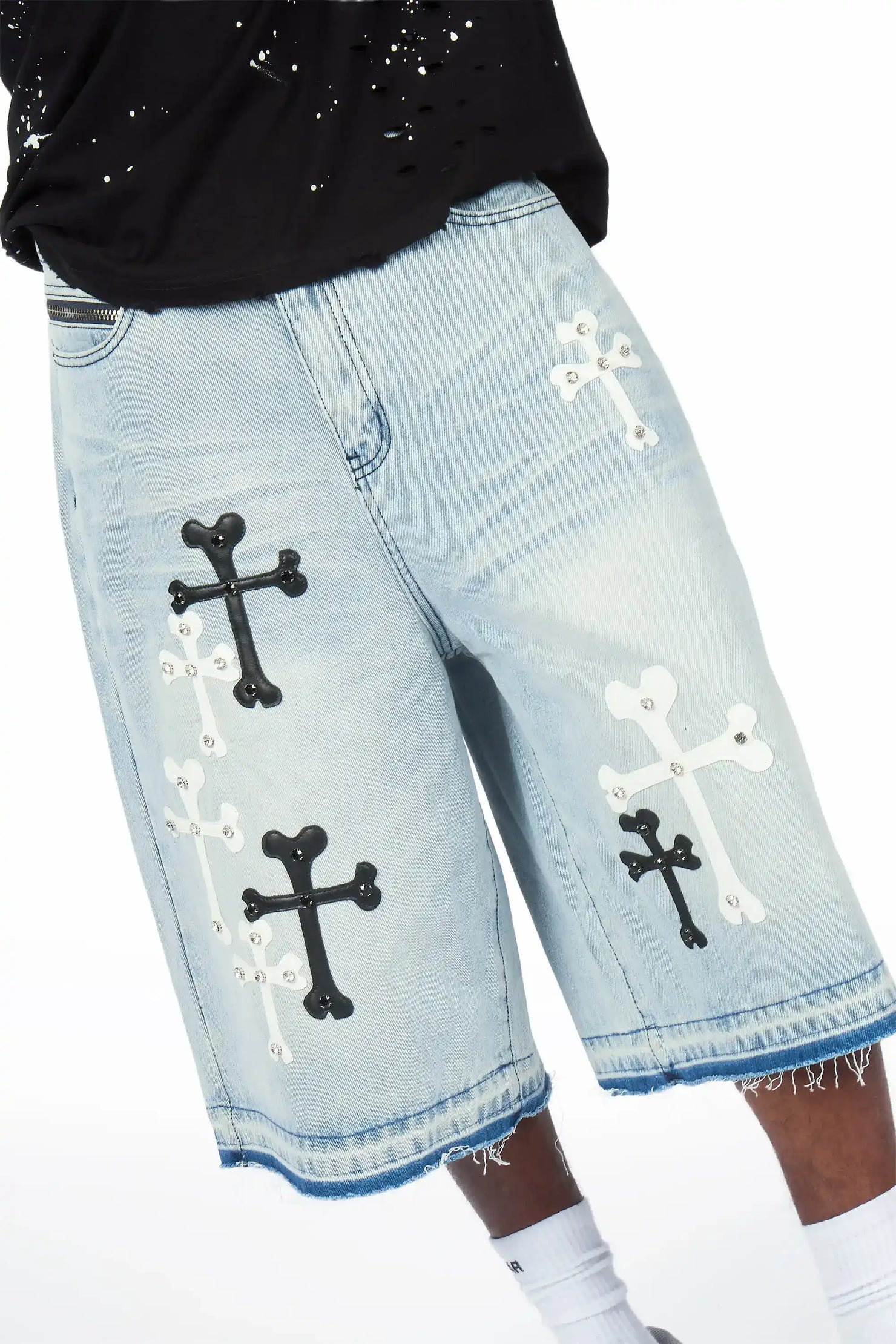 Olivier Light Blue Patch Rhinestone Denim Short