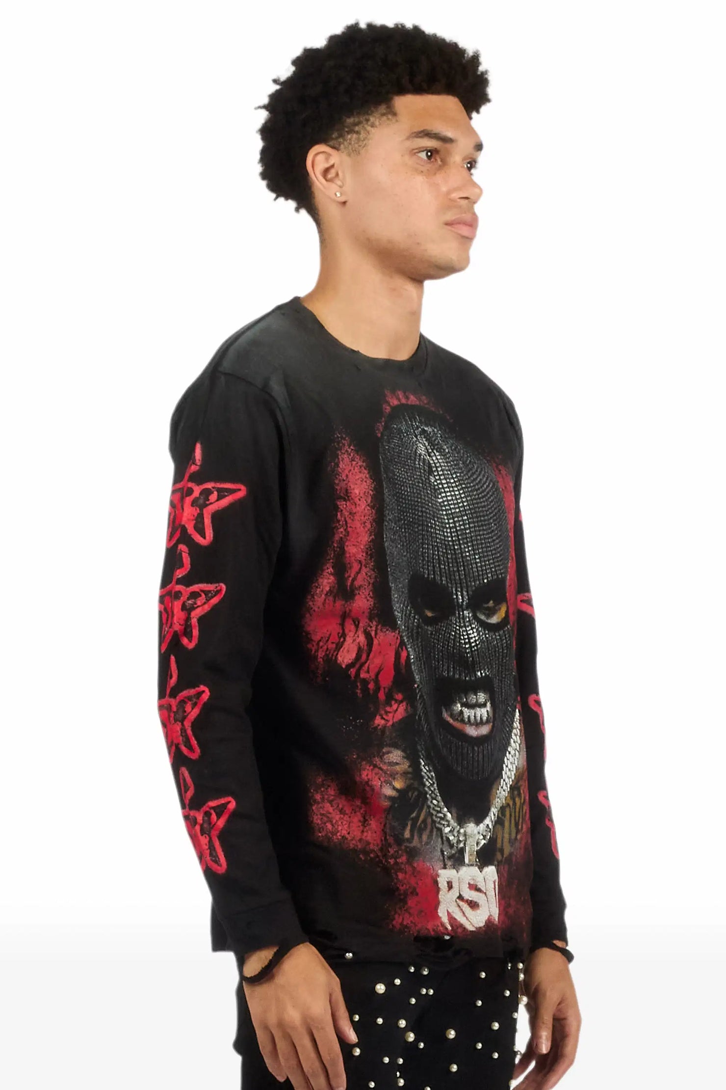 Tyvion Black/Red Long Sleeve Distressed Graphic T-Shirt