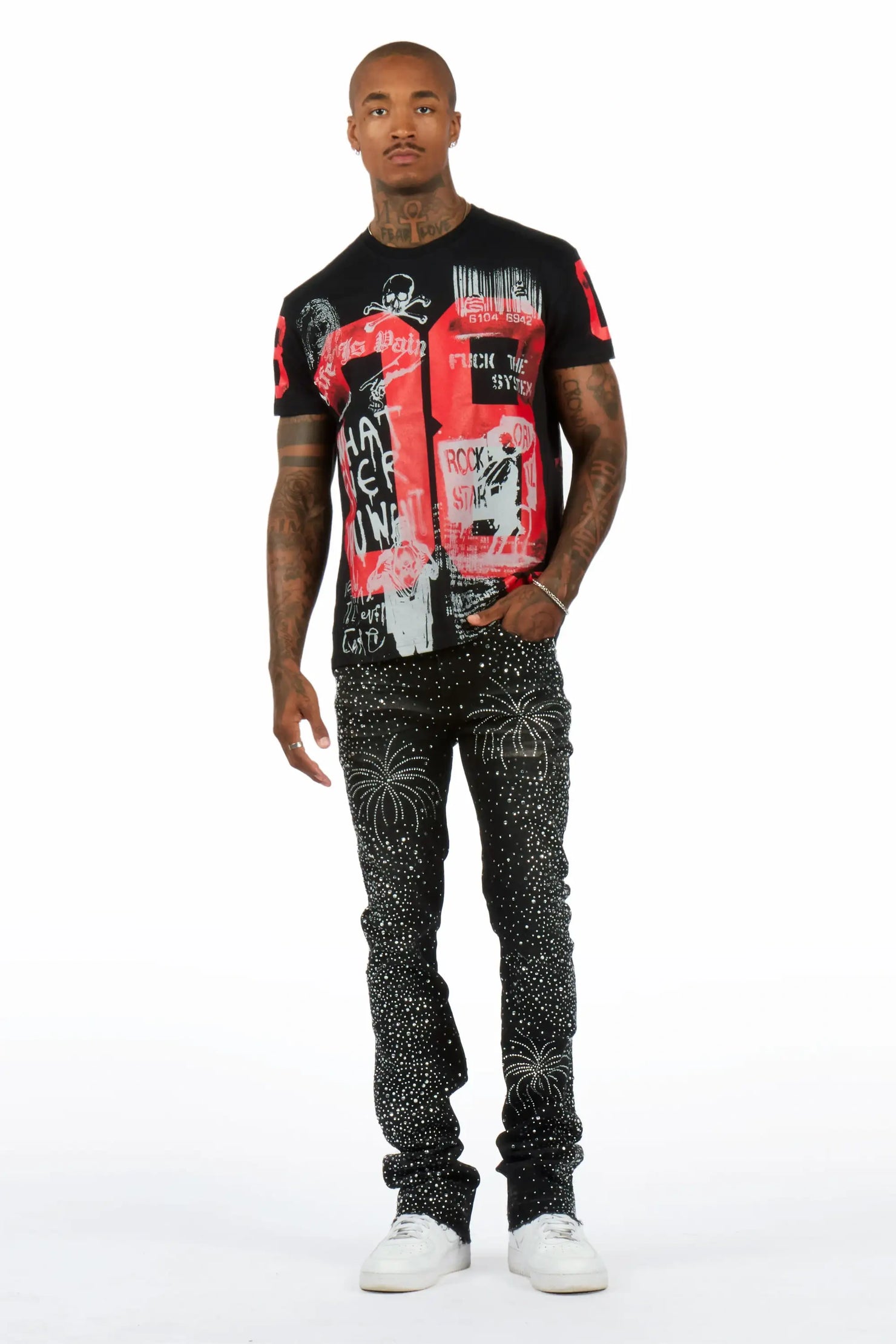 Raiden Dark Grey Rhinestone Stacked Fit Jean