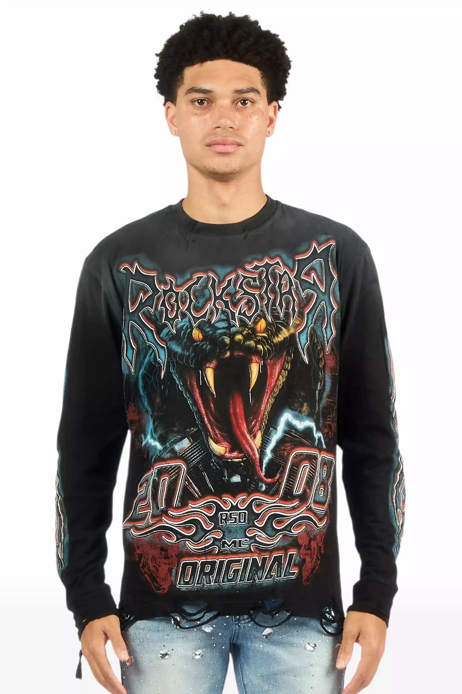 Rhylo Black/Multi Long Sleeve Distressed Graphic T-Shirt