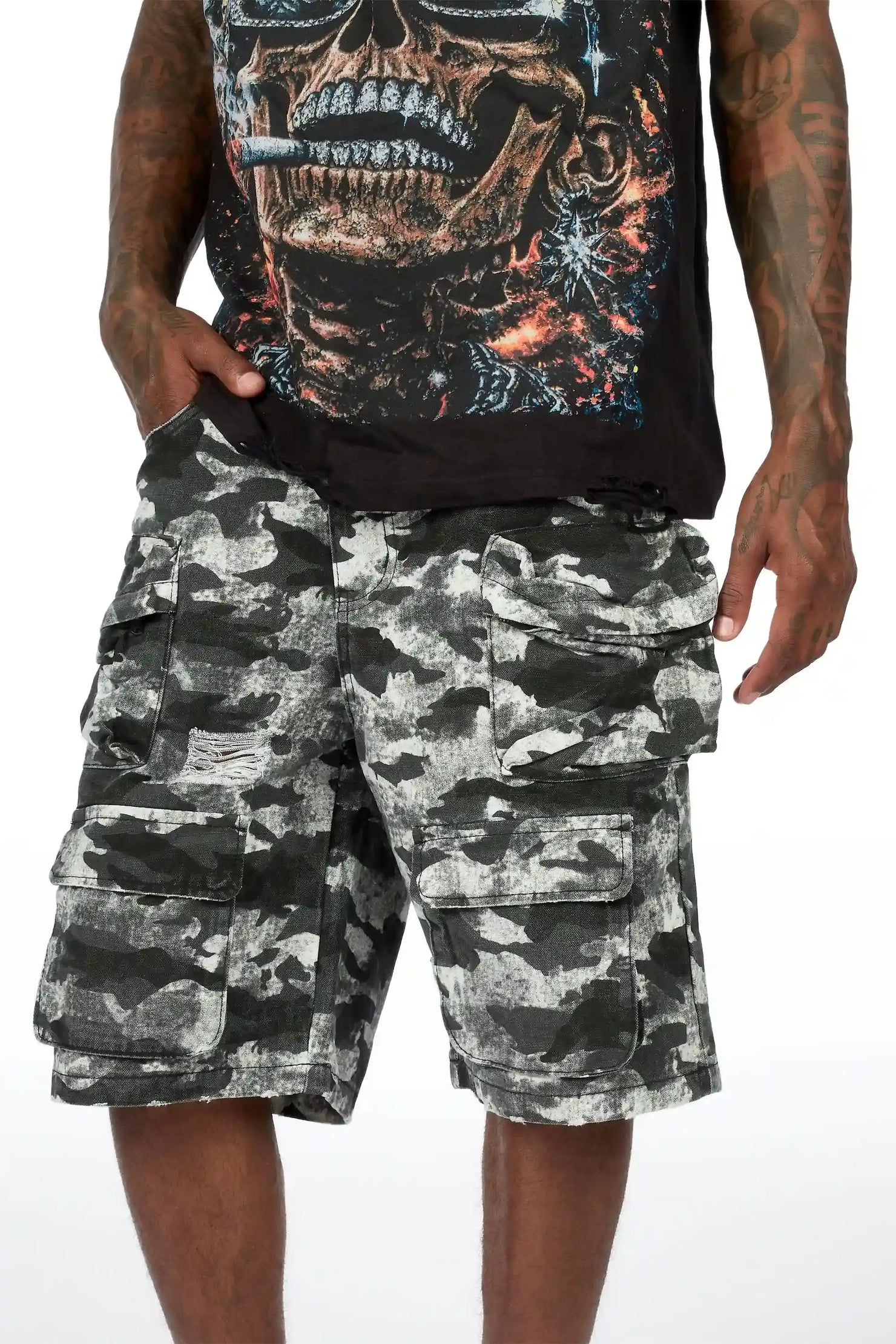 Savion Grey Camo Denim Short