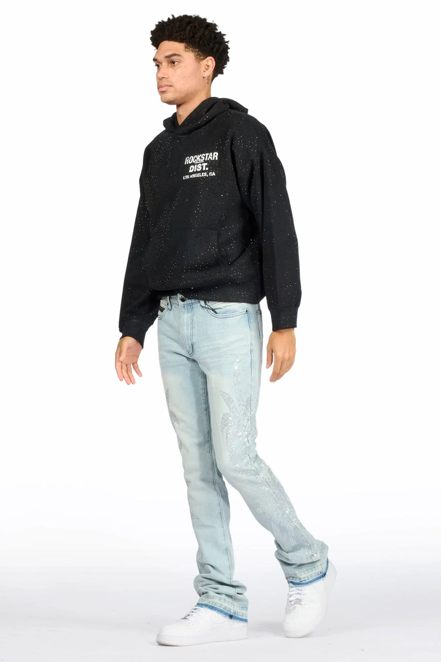 Shamaz Rhinestone Light Blue Stacked Flare Jean