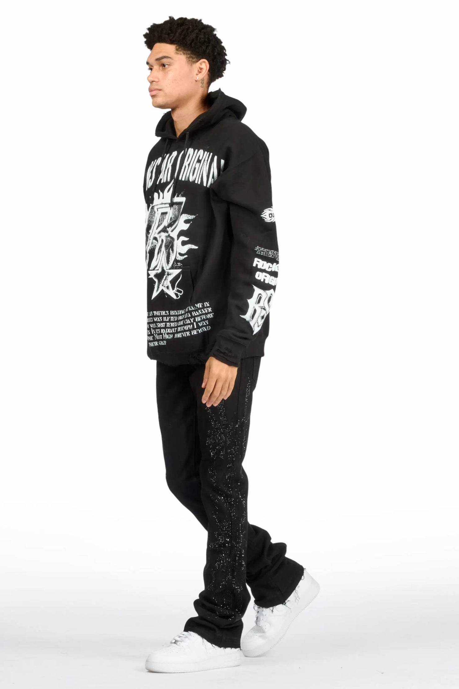 Shamaz Rhinestone Black Stacked Flare Jean