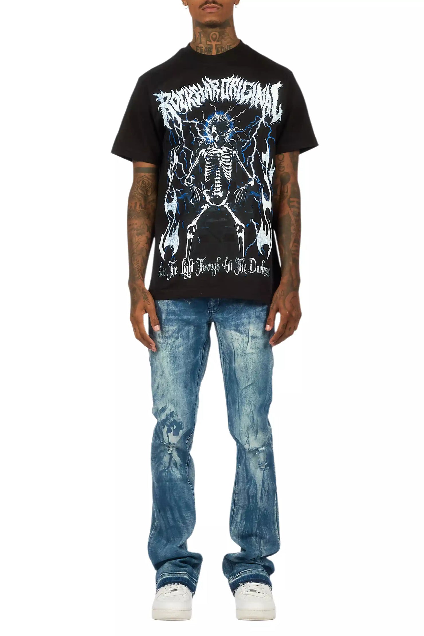 Inkspill Blue Oil Wash Stacked Flare Jean