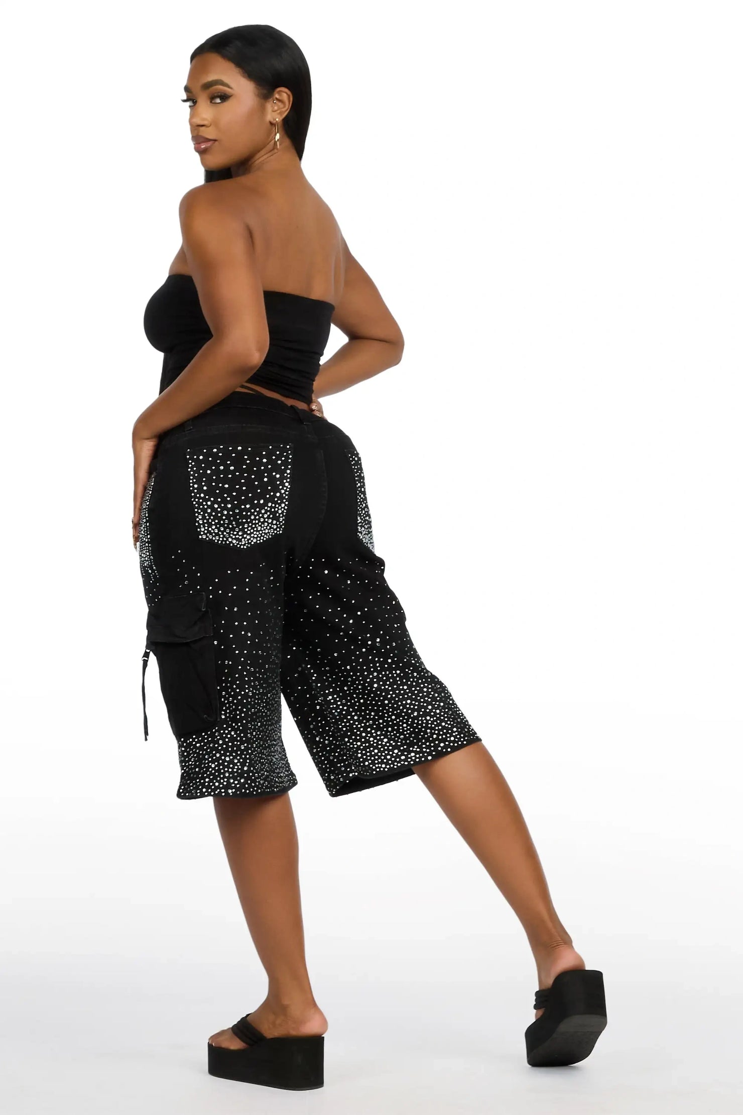 Lashandra Black Rhinestone Denim Jort