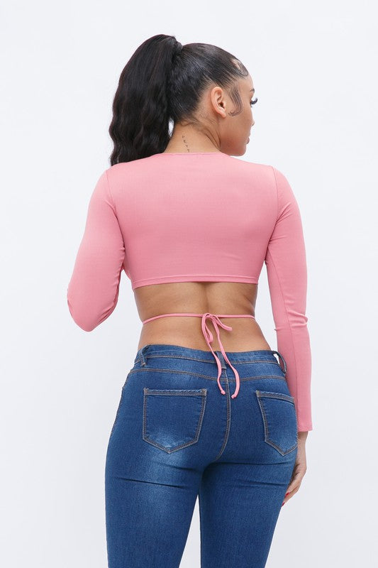 Lalinda Pink Tie Back Long Sleeve Top