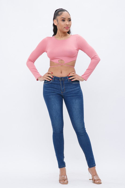Lalinda Pink Tie Back Long Sleeve Top