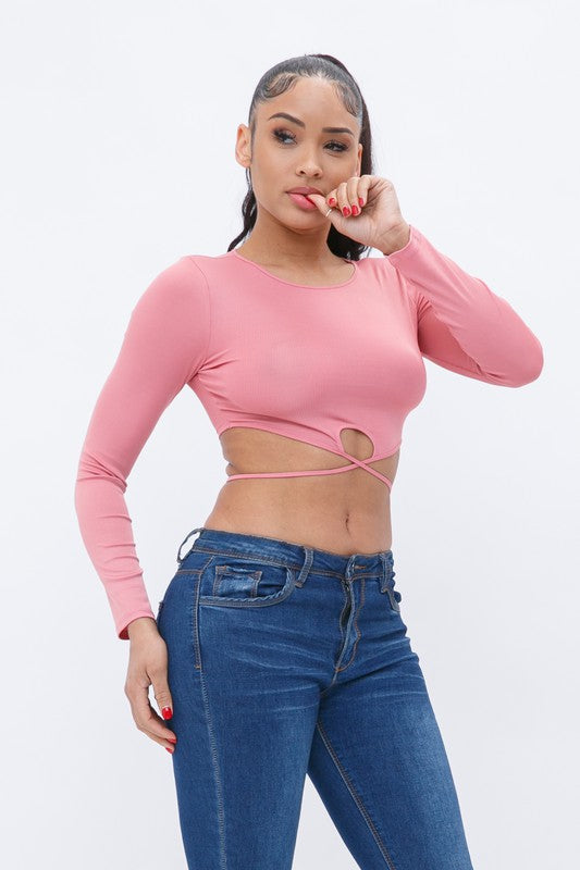 Lalinda Pink Tie Back Long Sleeve Top