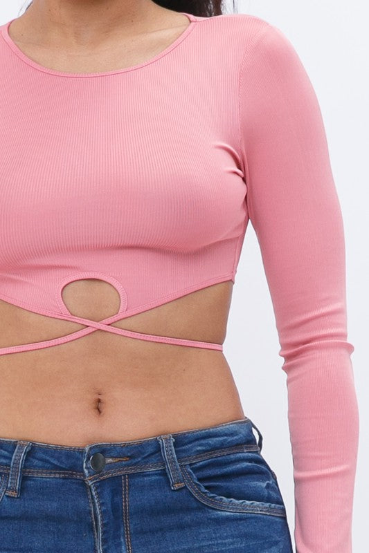 Lalinda Pink Tie Back Long Sleeve Top