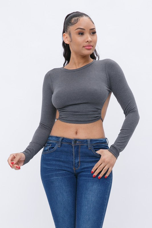 Vernisha Charcoal Open Back Long Sleeve Top
