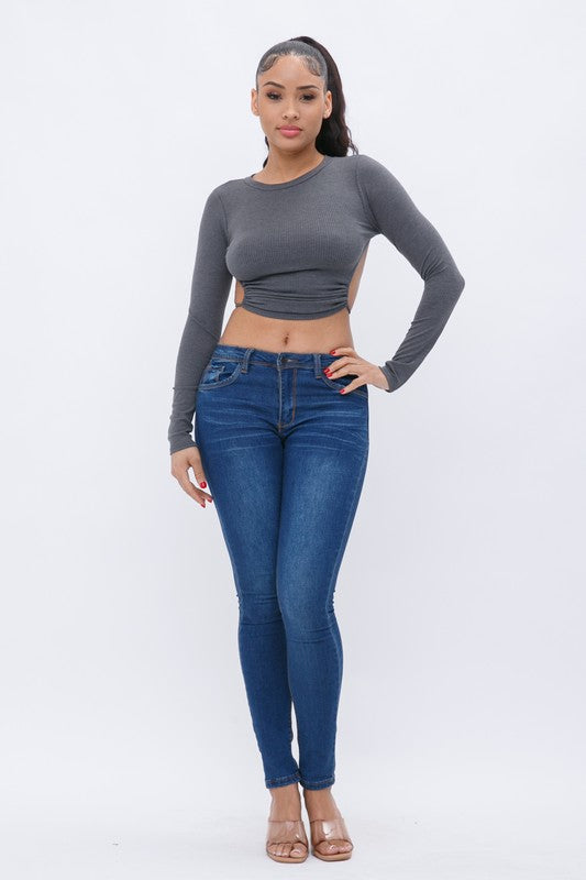 Vernisha Charcoal Open Back Long Sleeve Top