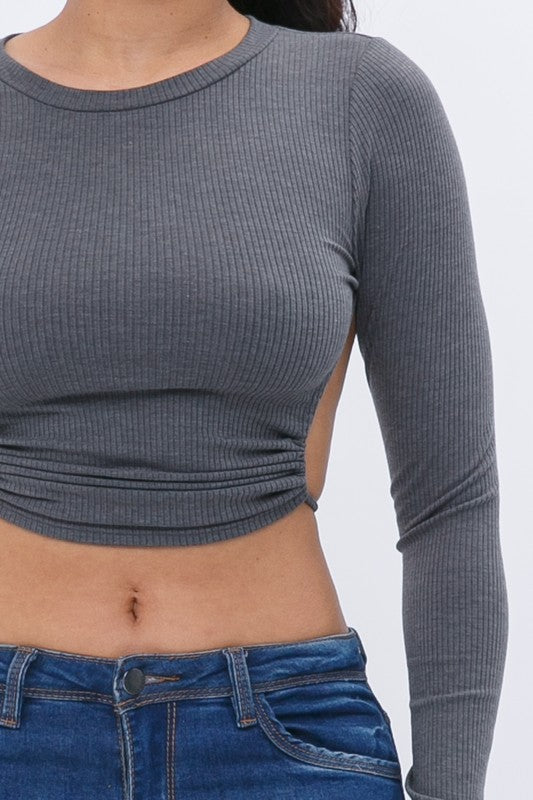 Vernisha Charcoal Open Back Long Sleeve Top