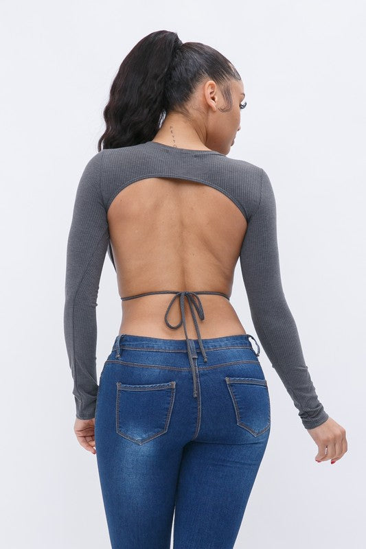 Vernisha Charcoal Open Back Long Sleeve Top