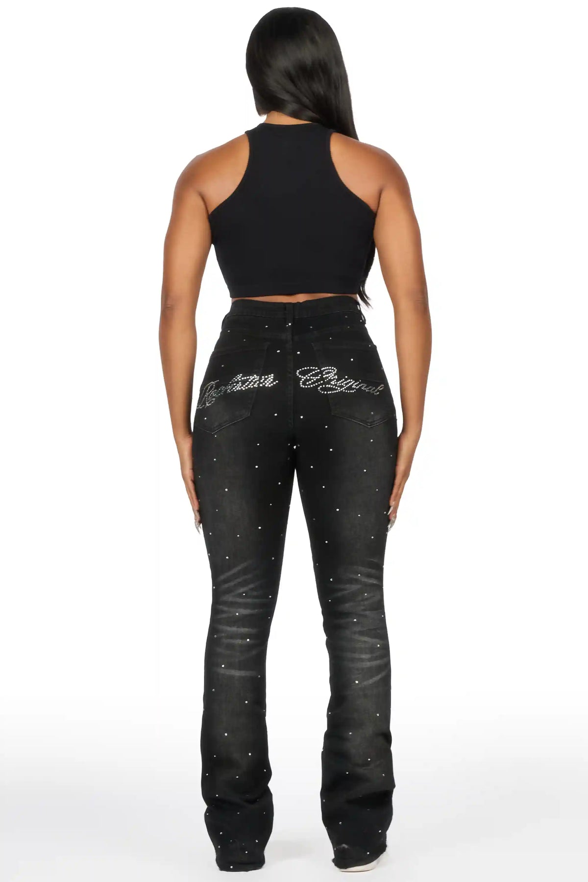 Chanteal Black Rhinestone Stacked Flare Jean