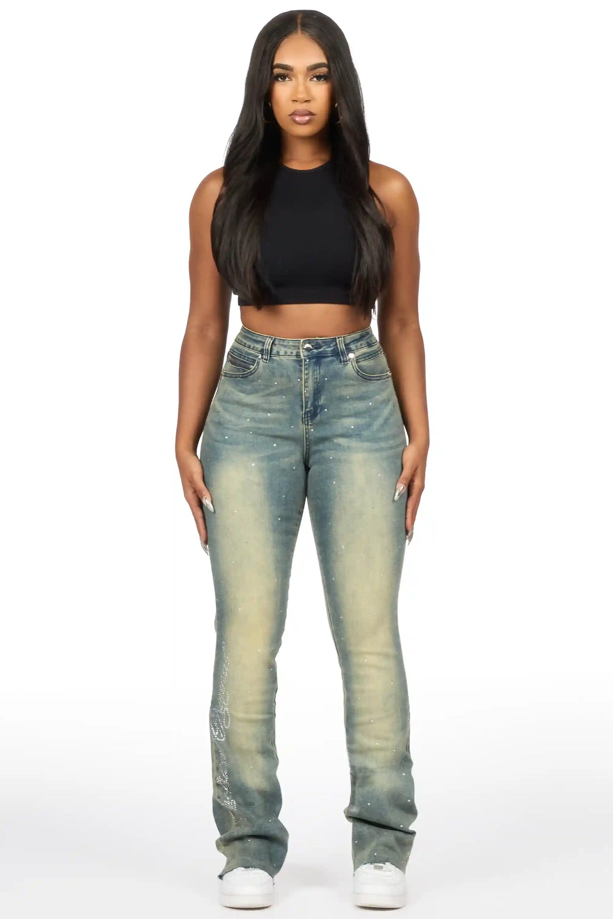 Chanteal Tinted Wash Rhinestone Stacked Flare Jean