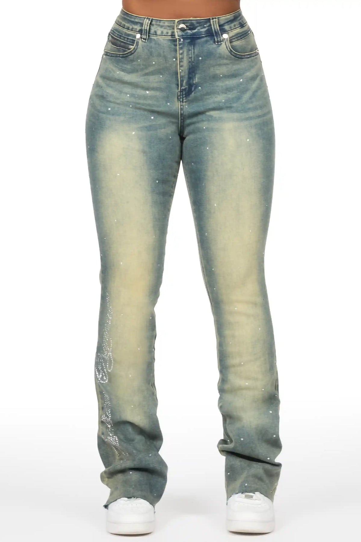 Chanteal Tinted Wash Rhinestone Stacked Flare Jean