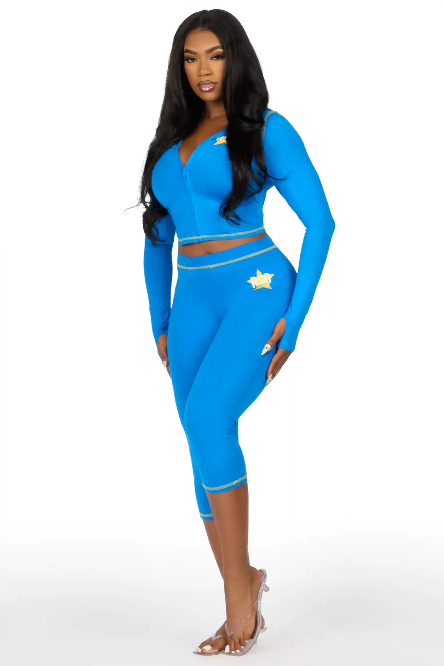 Sharina Blue Zip Up Capri Set