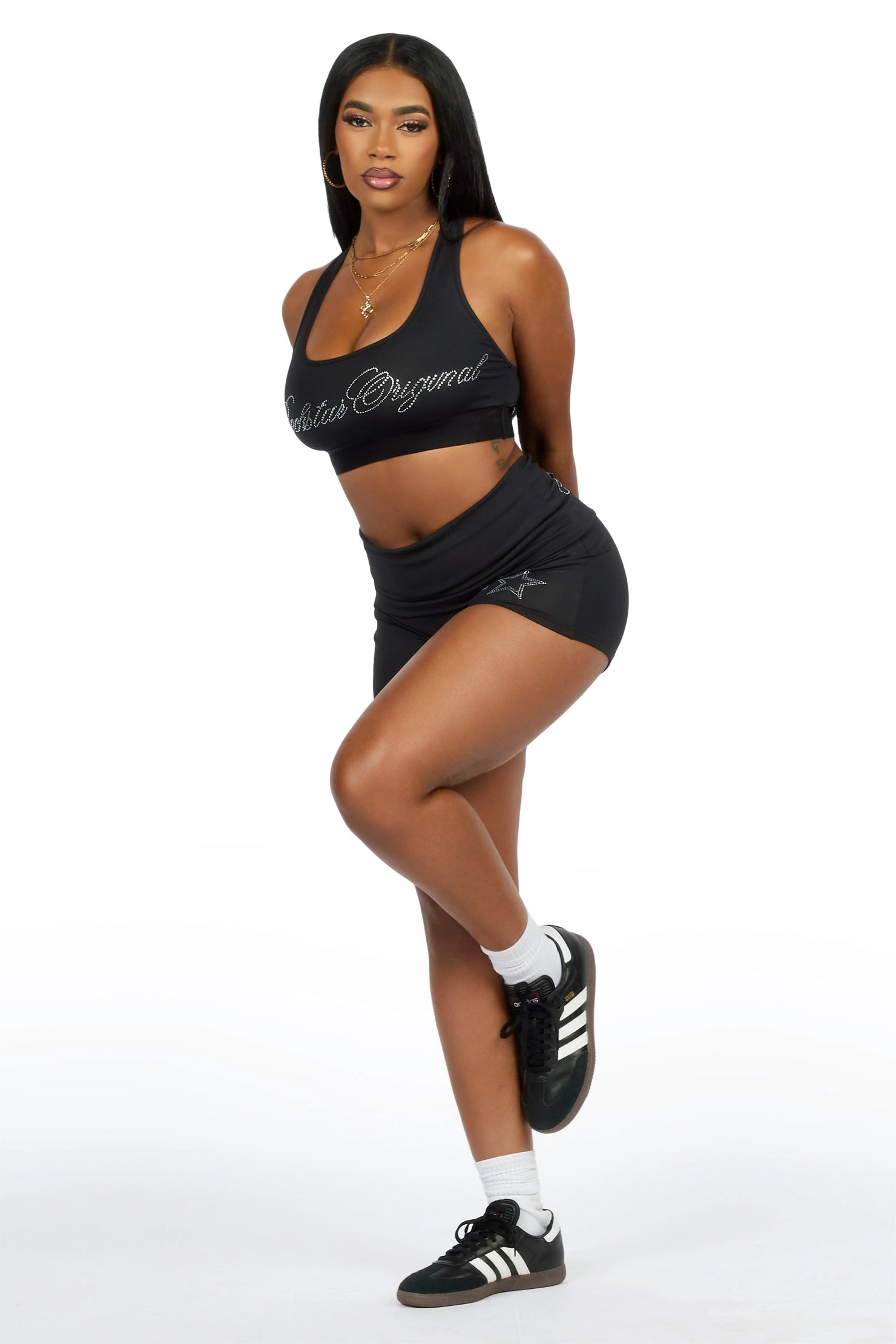 Arieona Black Rhinestone Sports Bra Foldover Short Set