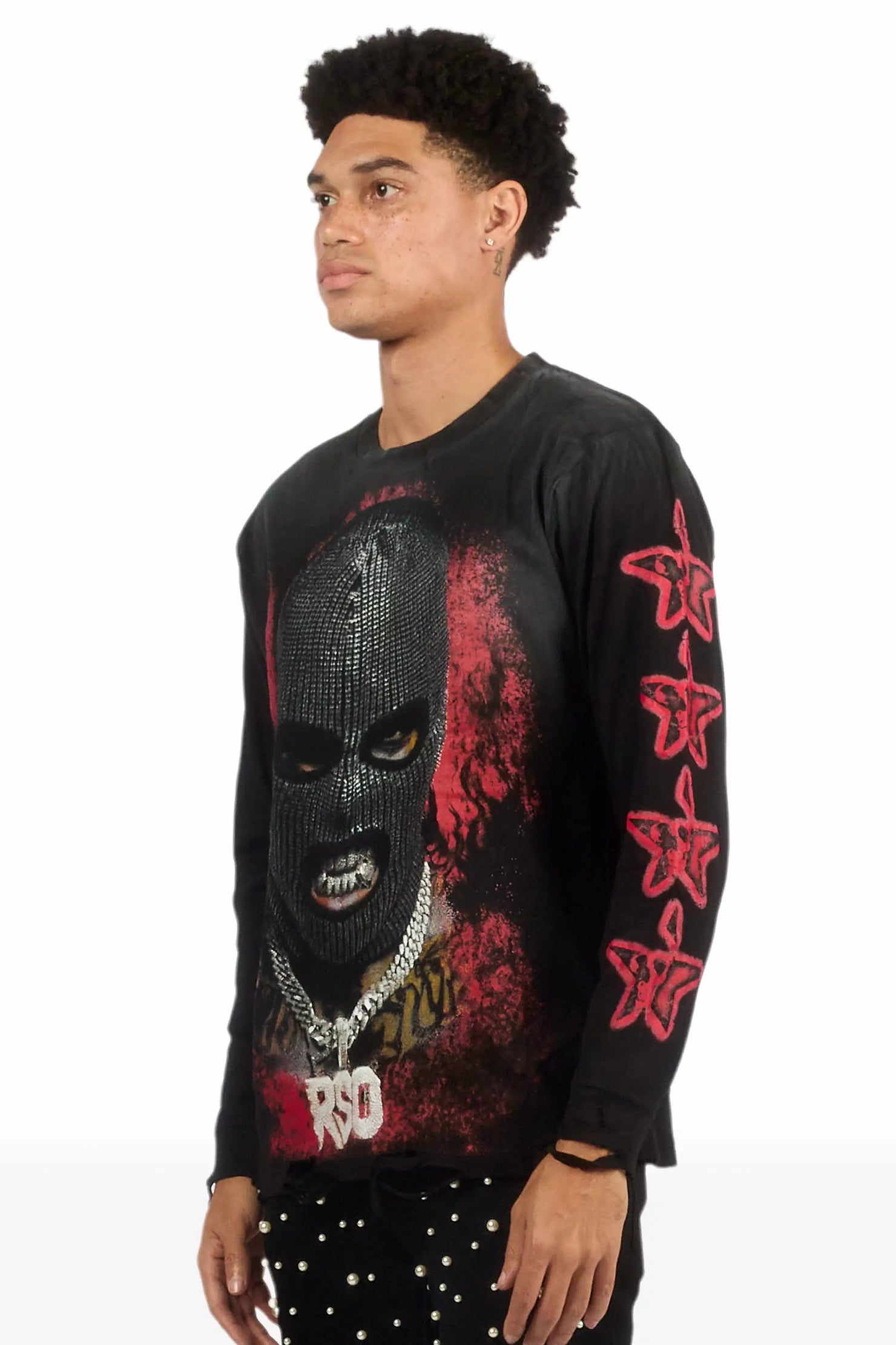 Tyvion Black/Red Long Sleeve Distressed Graphic T-Shirt