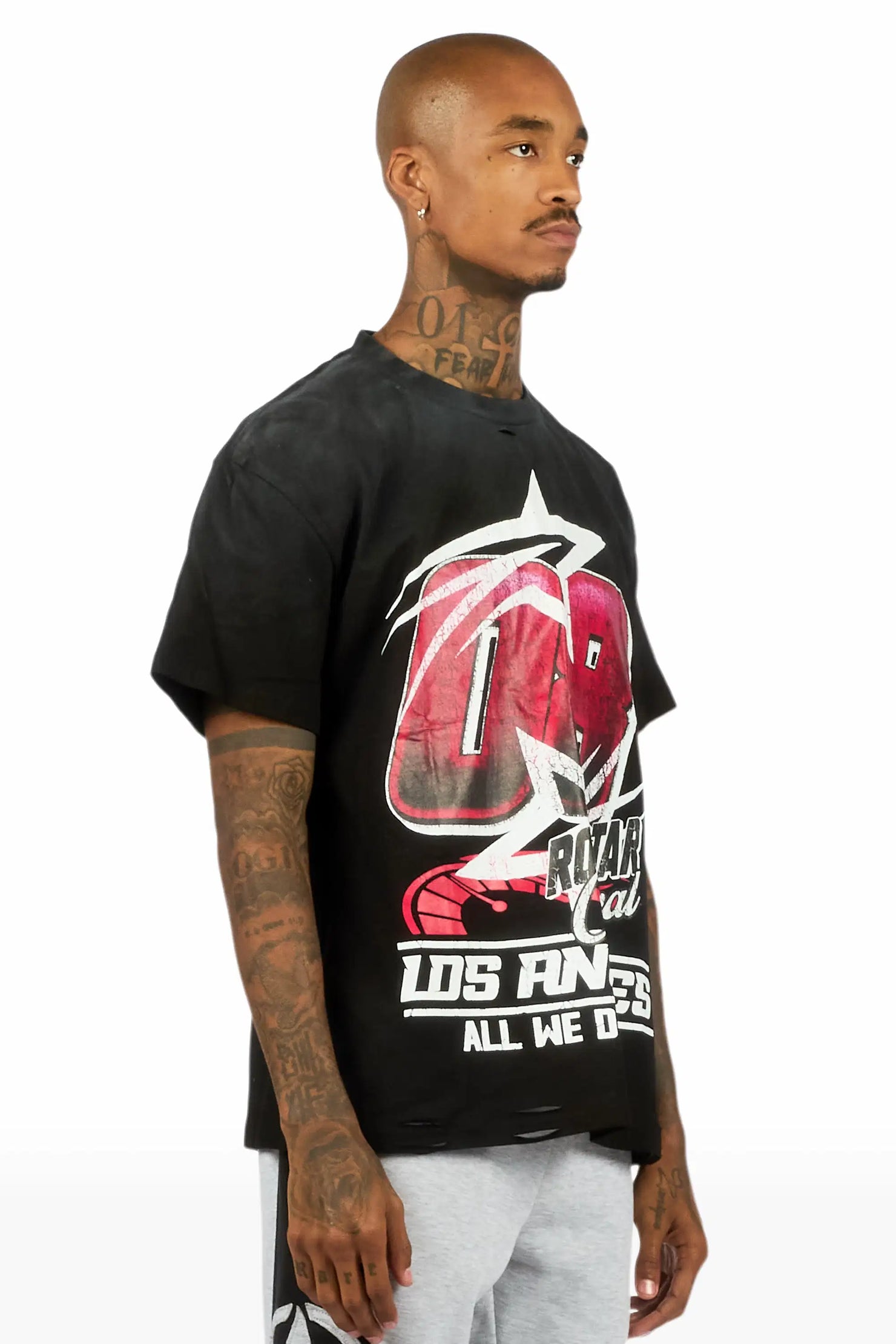 Kastell Black Oversized Distressed Graphic T-Shirt