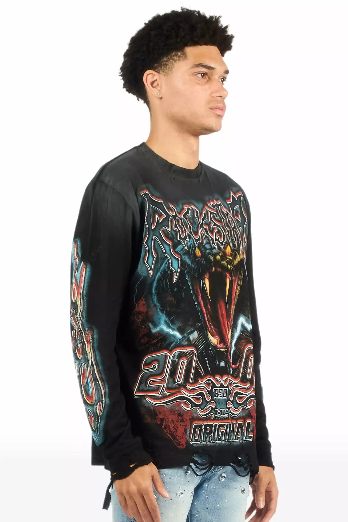 Rhylo Black/Multi Long Sleeve Distressed Graphic T-Shirt