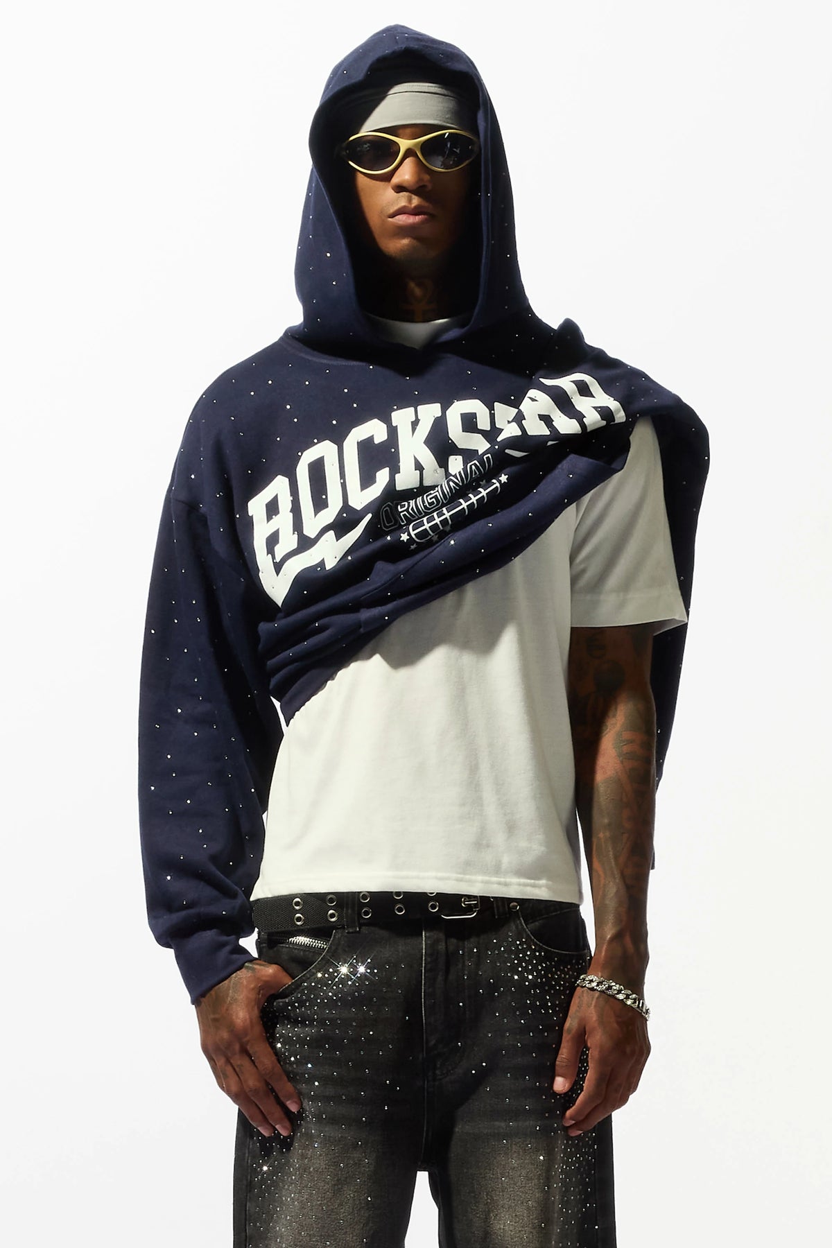 Stori Navy Rhinestone Graphic Hoodie