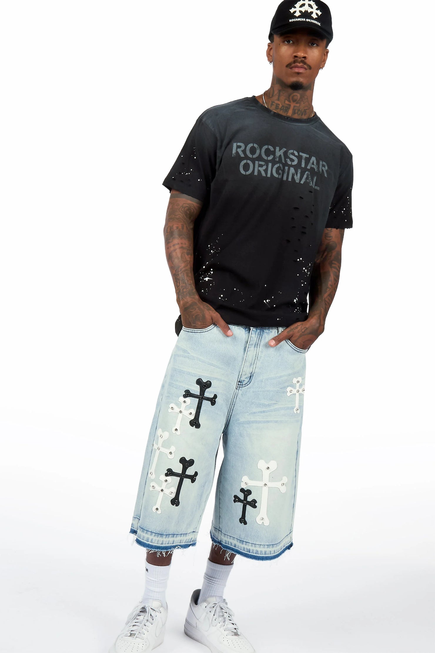 Olivier Light Blue Patch Rhinestone Denim Short